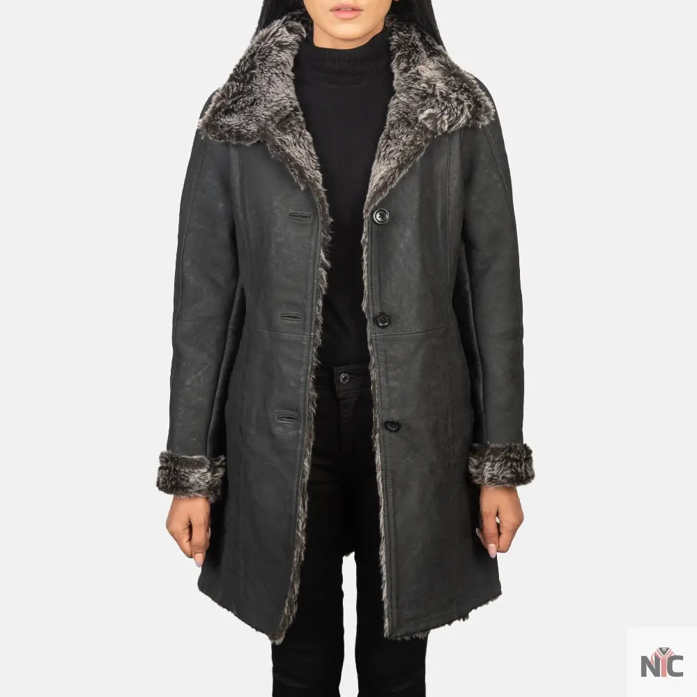 Erica Shearling Black Leather Coat Shopotiny