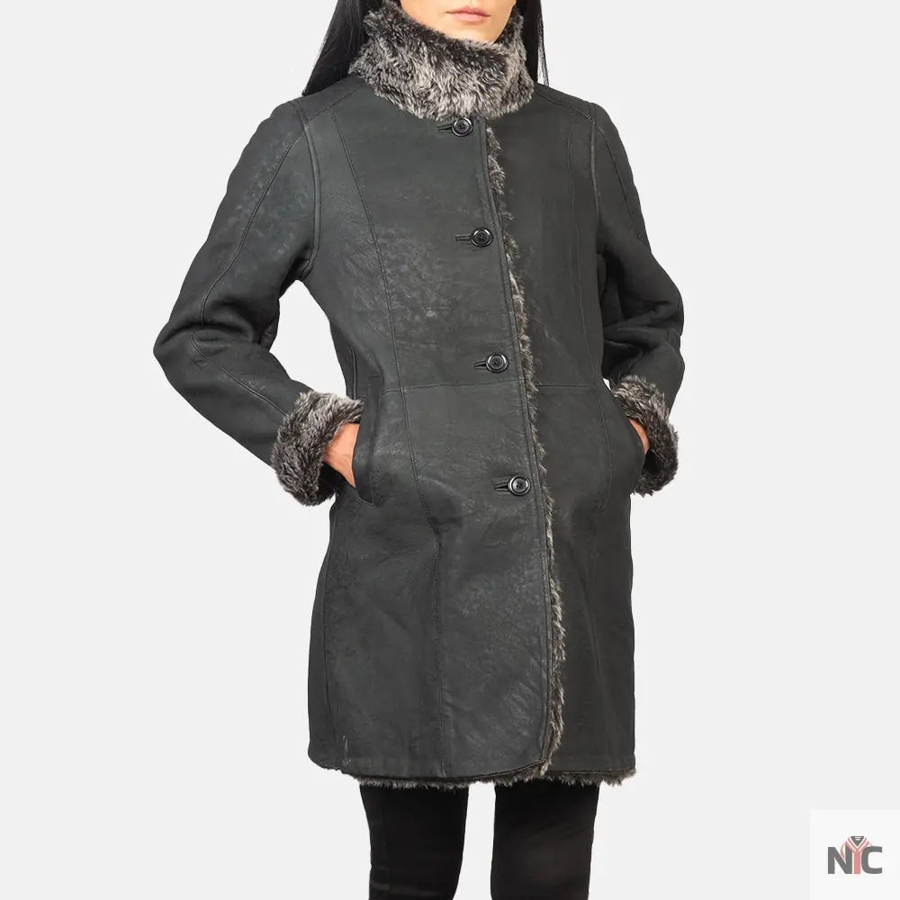 Erica Shearling Black Leather Coat Shopotiny