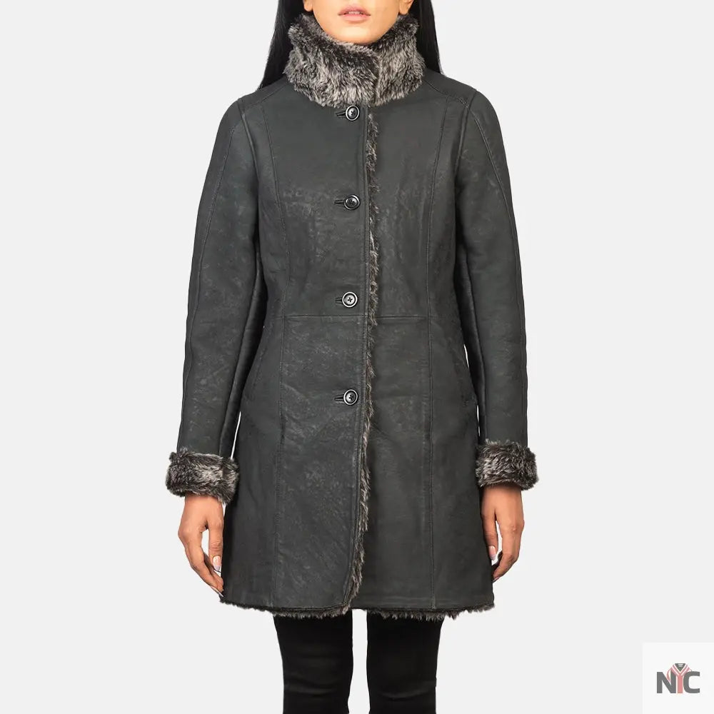 Erica Shearling Black Leather Coat Shopotiny