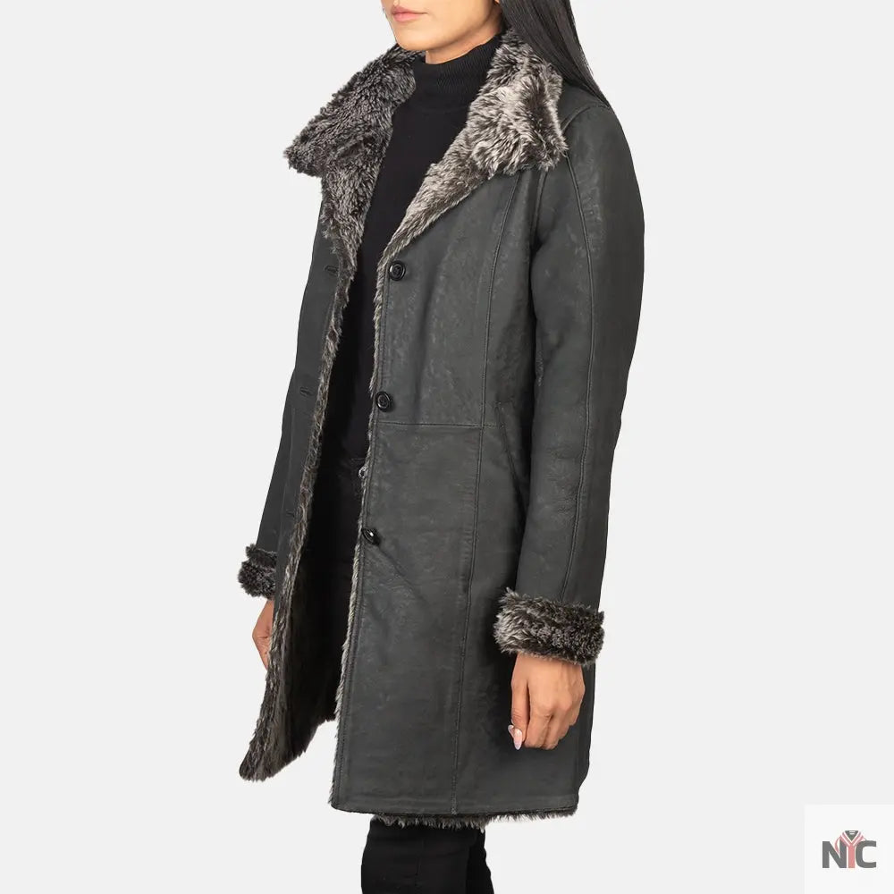Erica Shearling Black Leather Coat Shopotiny