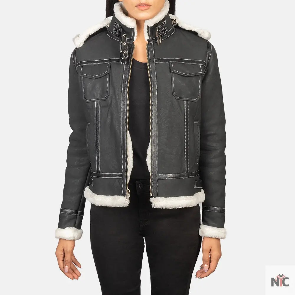 Fiona Black Hooded Shearling Leather Jacket Shopotiny