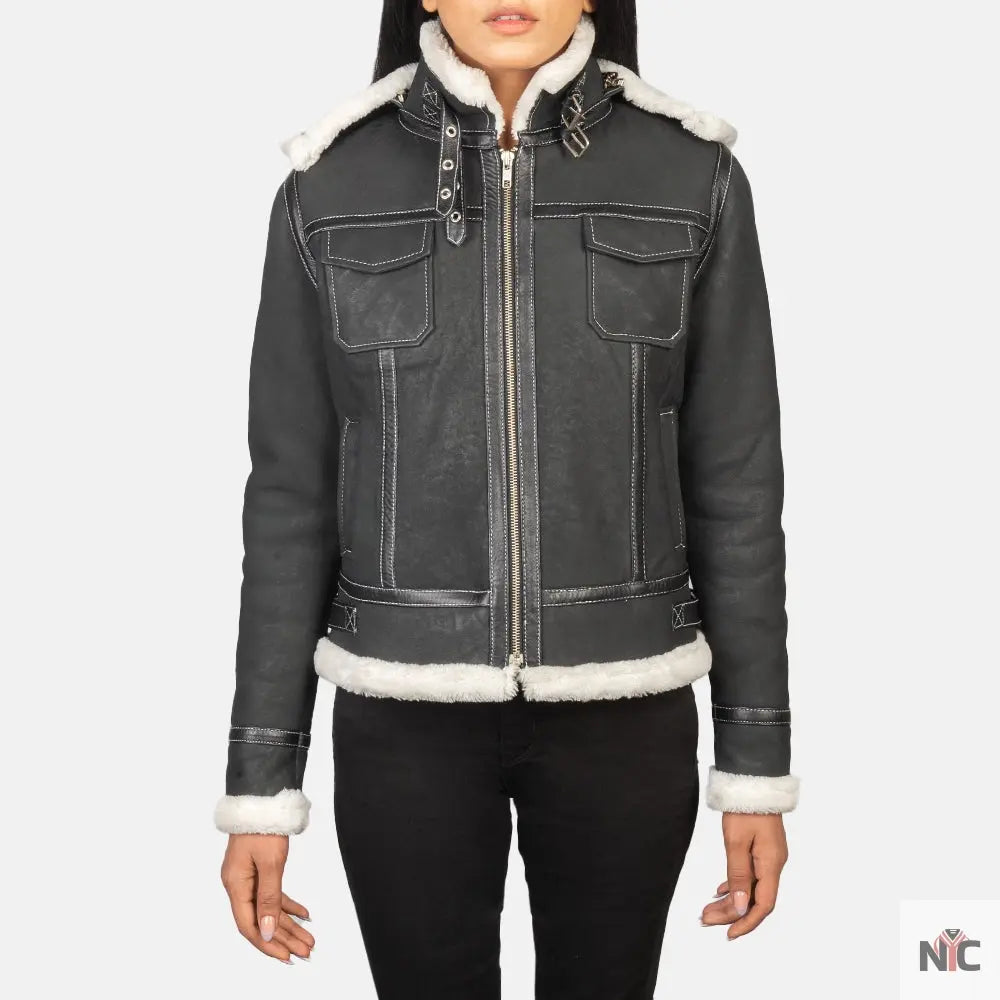 Fiona Black Hooded Shearling Leather Jacket Shopotiny