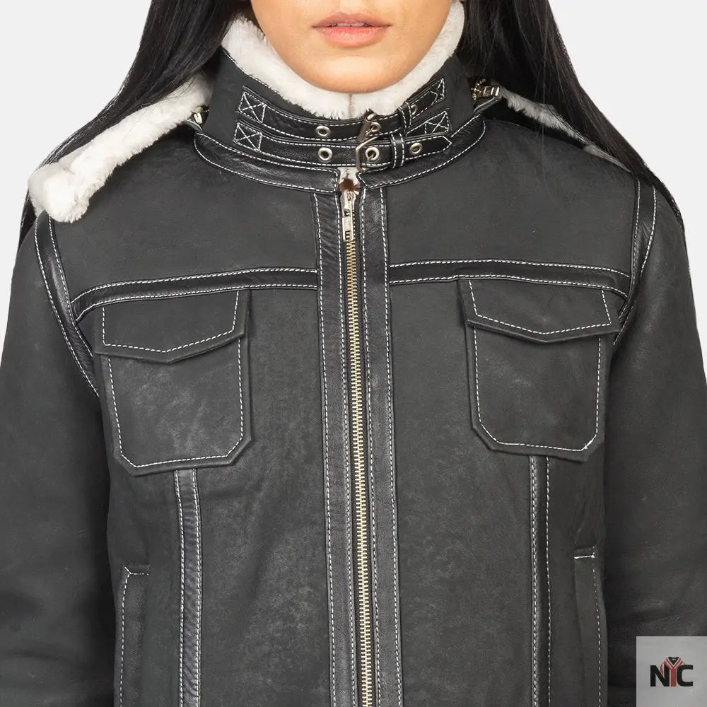 Fiona Black Hooded Shearling Leather Jacket Shopotiny