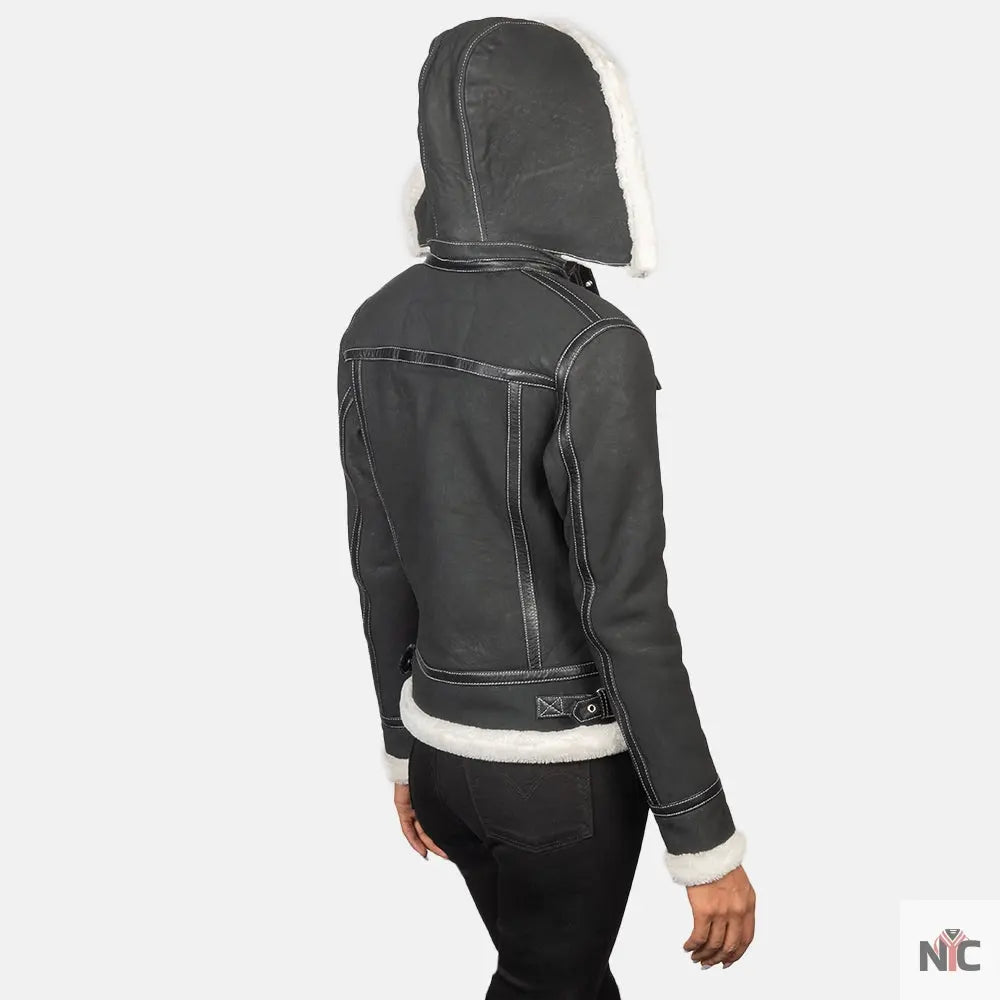 Fiona Black Hooded Shearling Leather Jacket Shopotiny