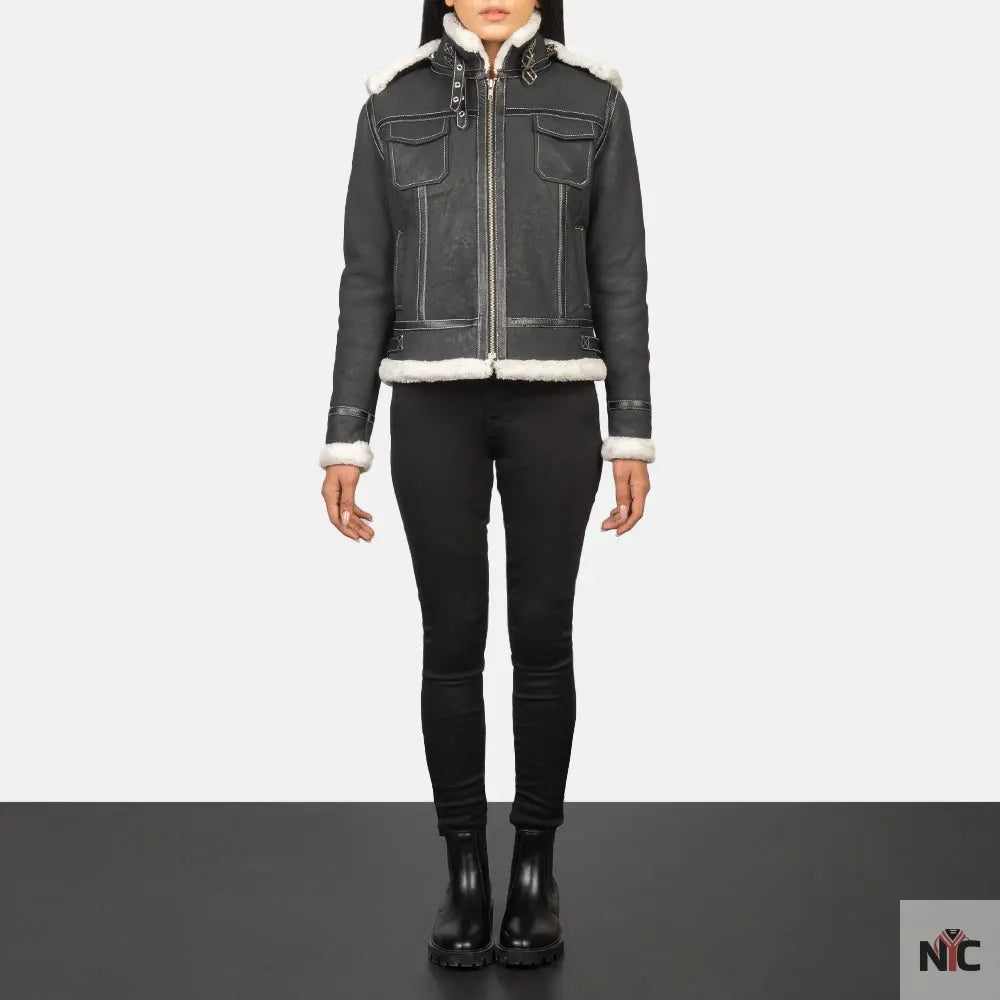 Fiona Black Hooded Shearling Leather Jacket Shopotiny