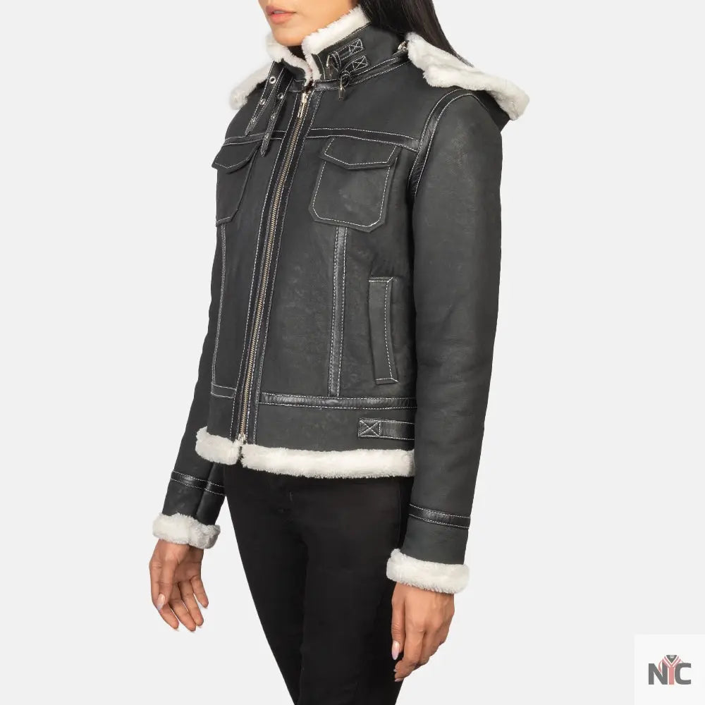 Fiona Black Hooded Shearling Leather Jacket Shopotiny
