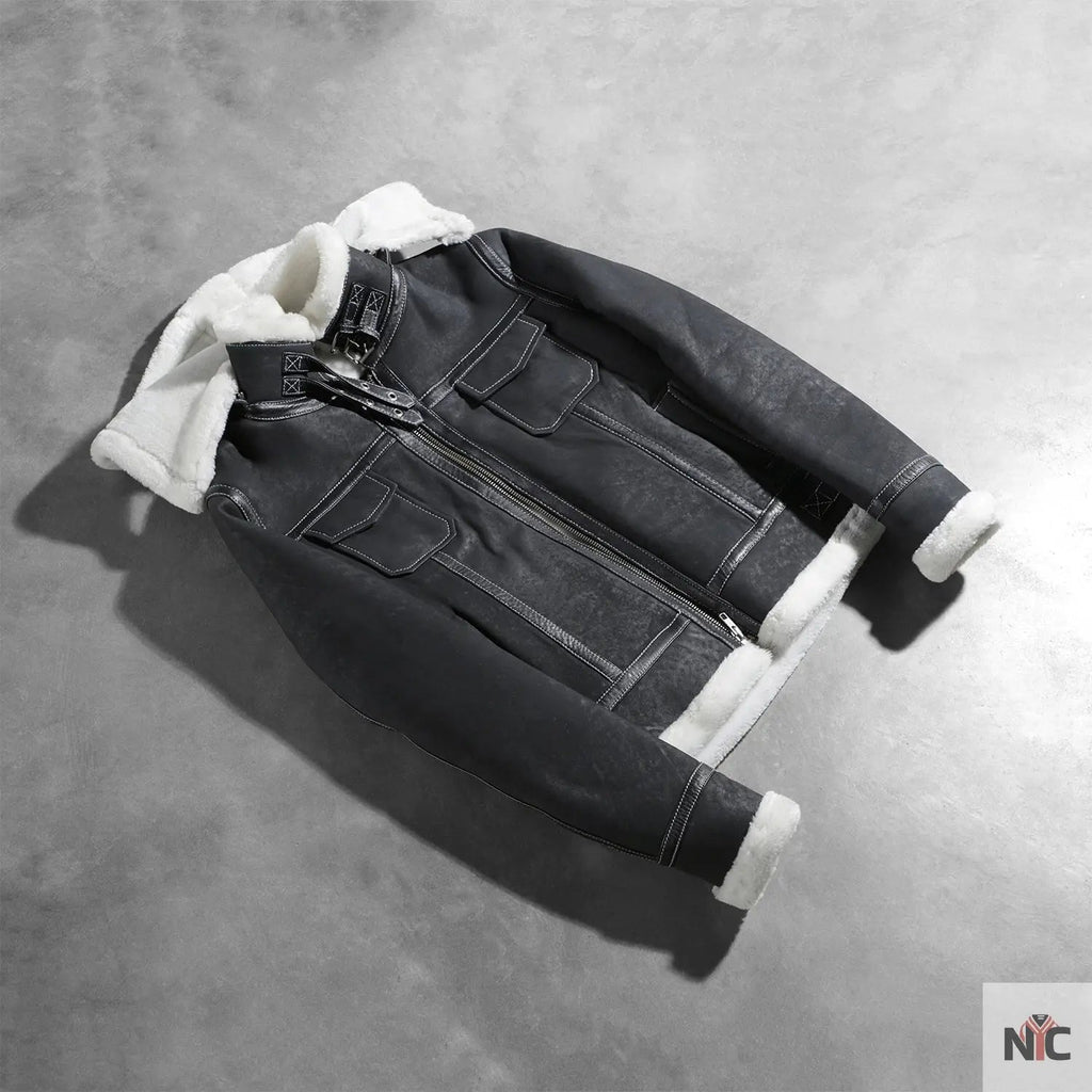 Fiona Black Hooded Shearling Leather Jacket Shopotiny