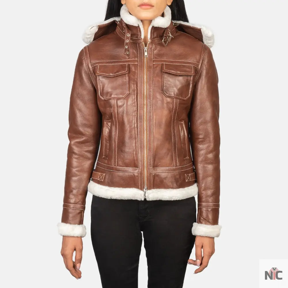 Fiona Brown Hooded Shearling Leather Jacket Shopotiny