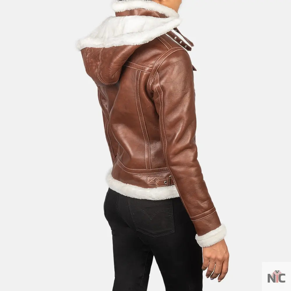 Fiona Brown Hooded Shearling Leather Jacket Shopotiny