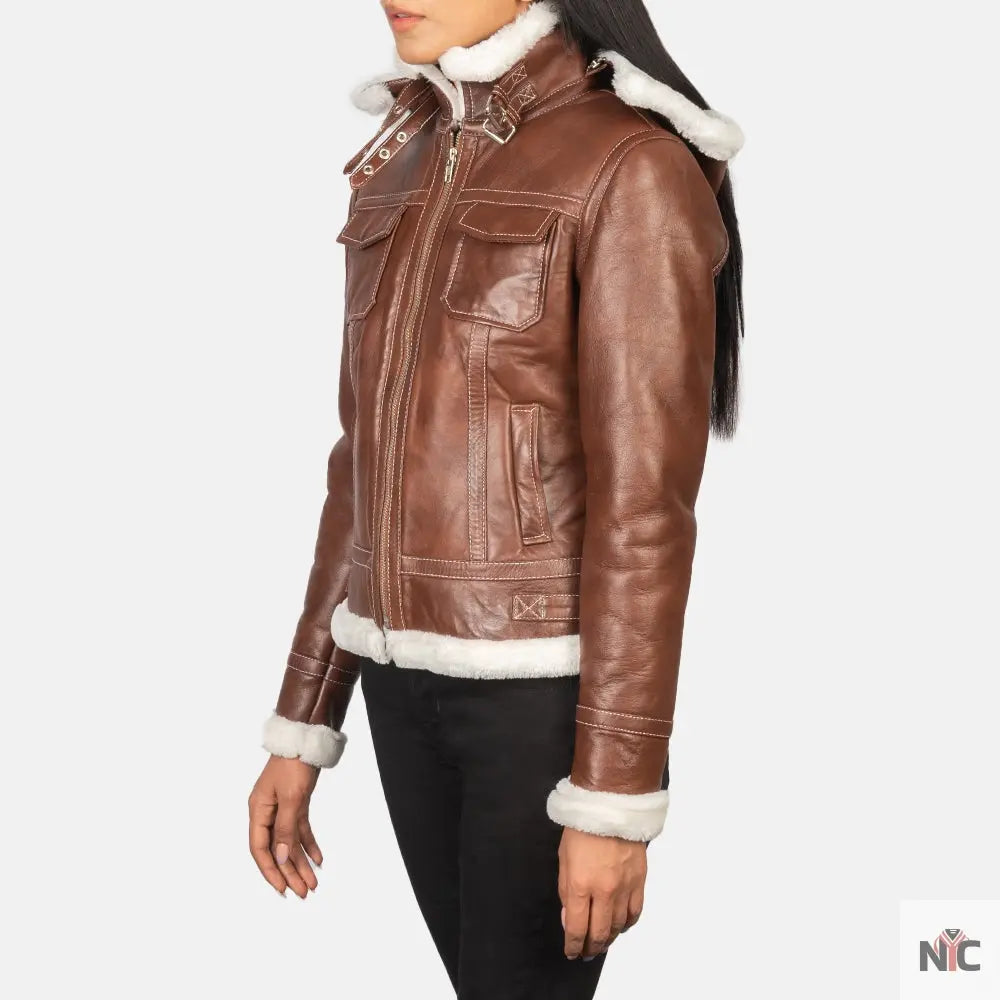 Fiona Brown Hooded Shearling Leather Jacket Shopotiny