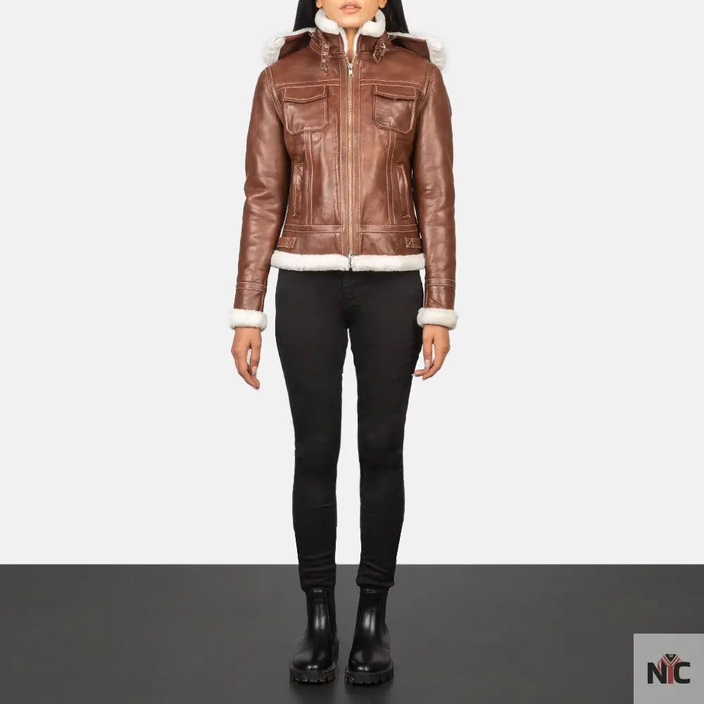 Fiona Brown Hooded Shearling Leather Jacket Shopotiny