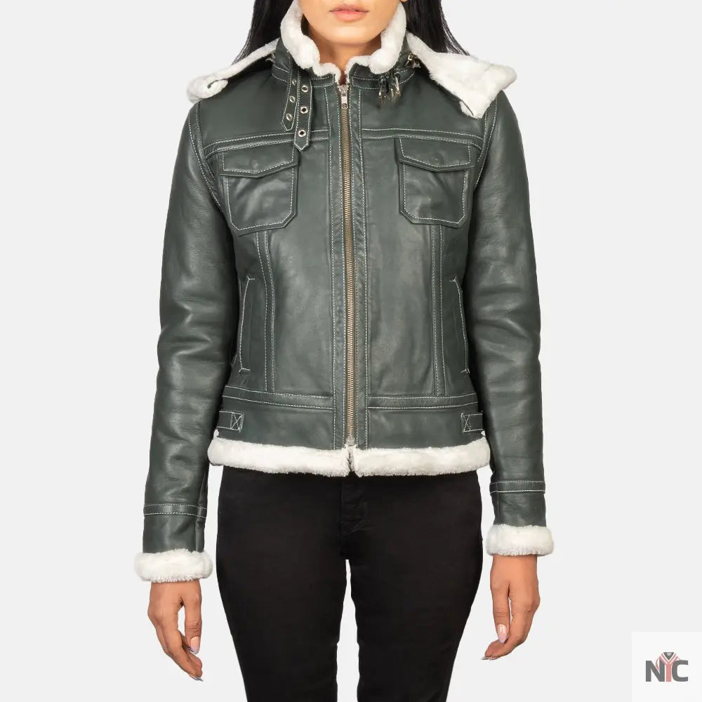 Fiona Green Hooded Shearling Leather Jacket Shopotiny