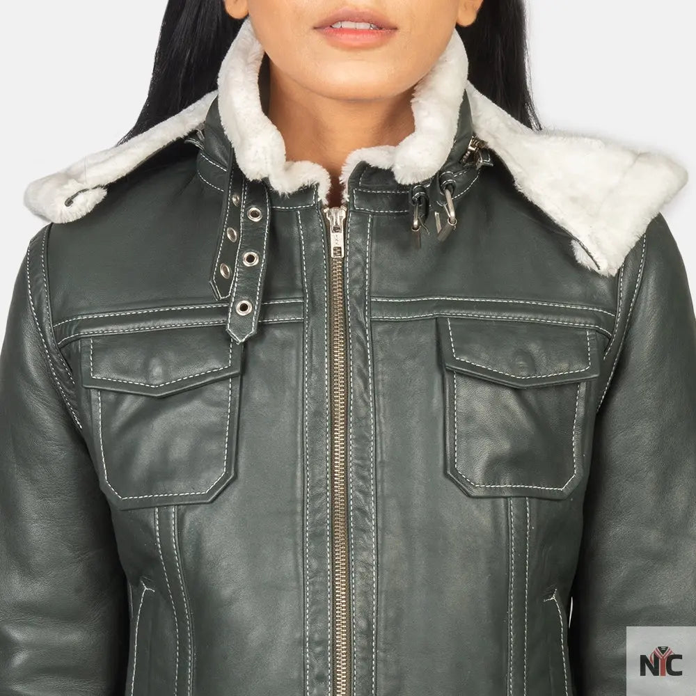 Fiona Green Hooded Shearling Leather Jacket Shopotiny