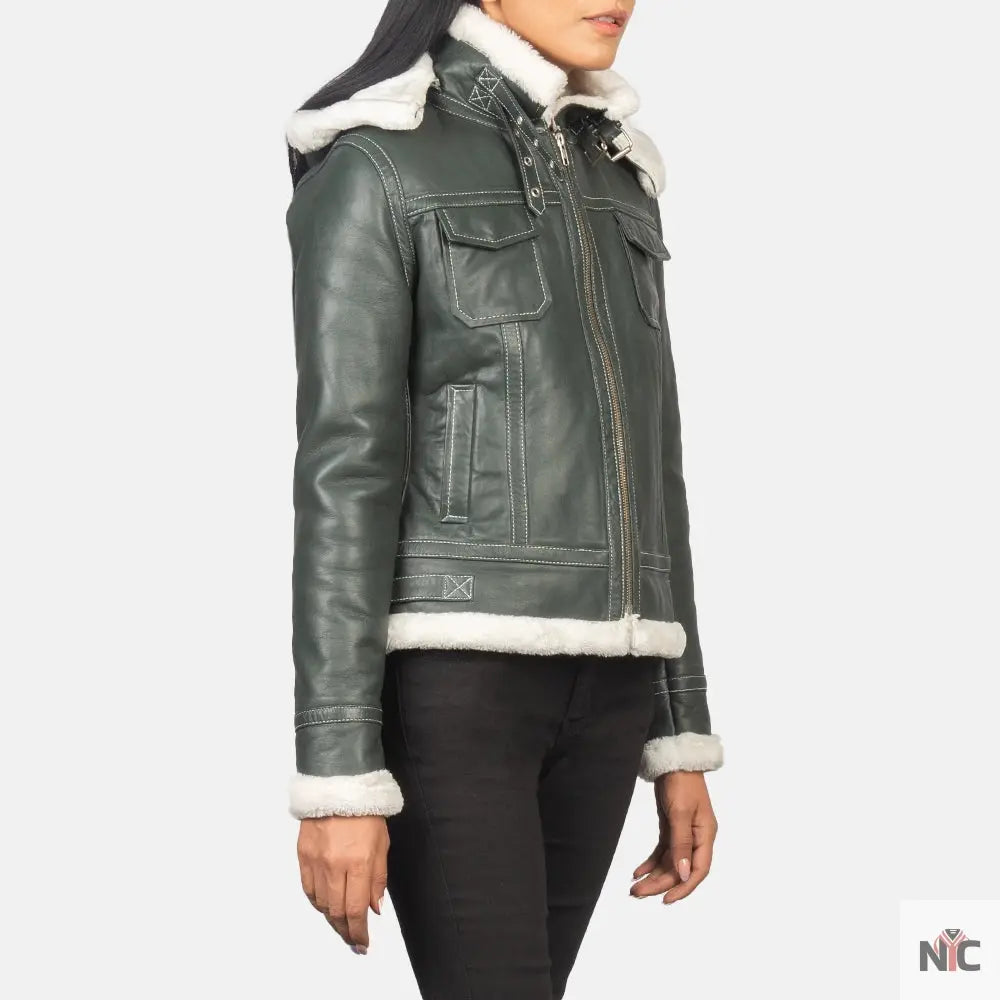 Fiona Green Hooded Shearling Leather Jacket Shopotiny