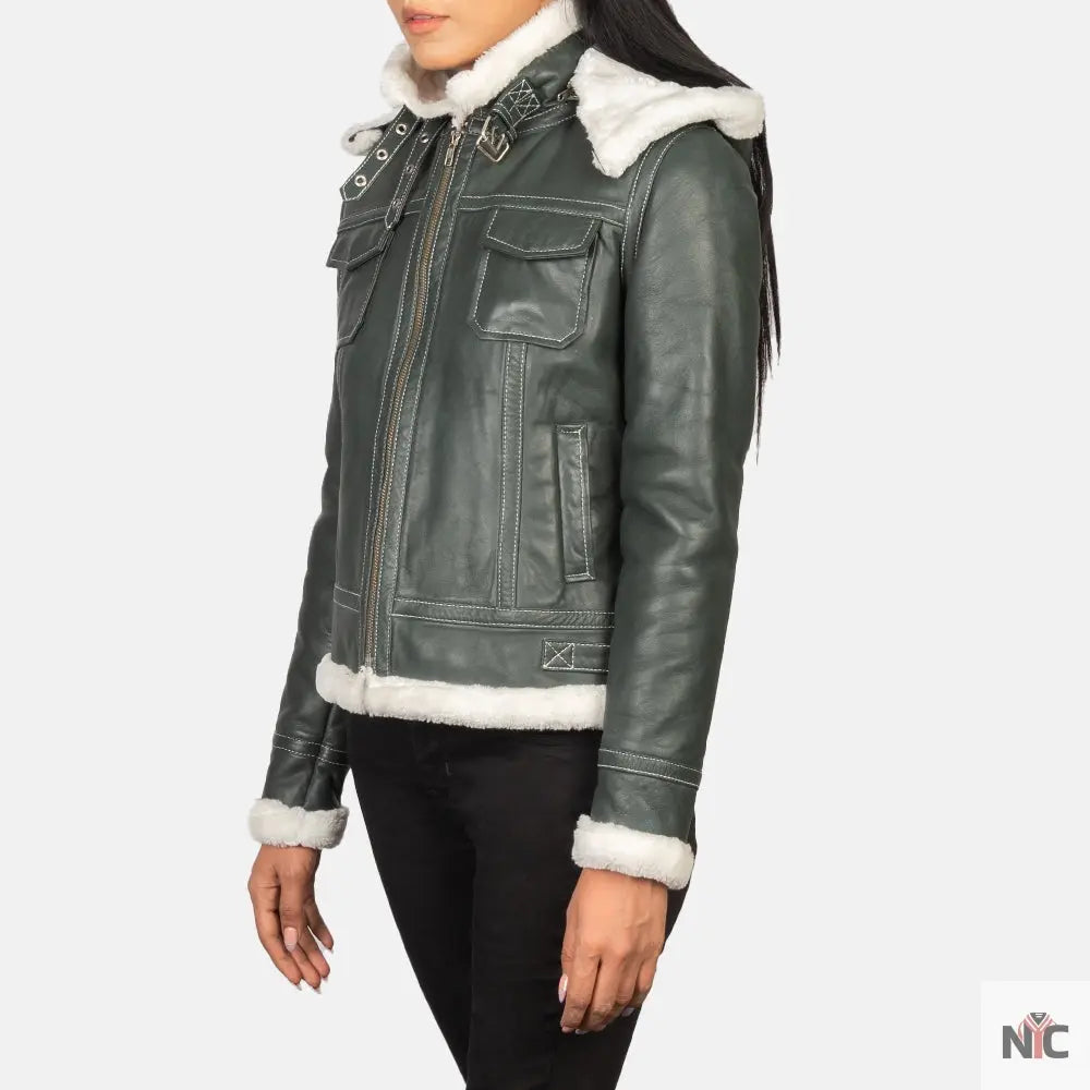 Fiona Green Hooded Shearling Leather Jacket Shopotiny