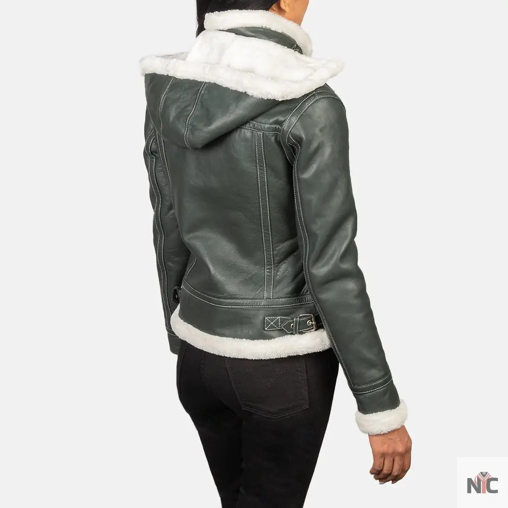 Fiona Green Hooded Shearling Leather Jacket Shopotiny