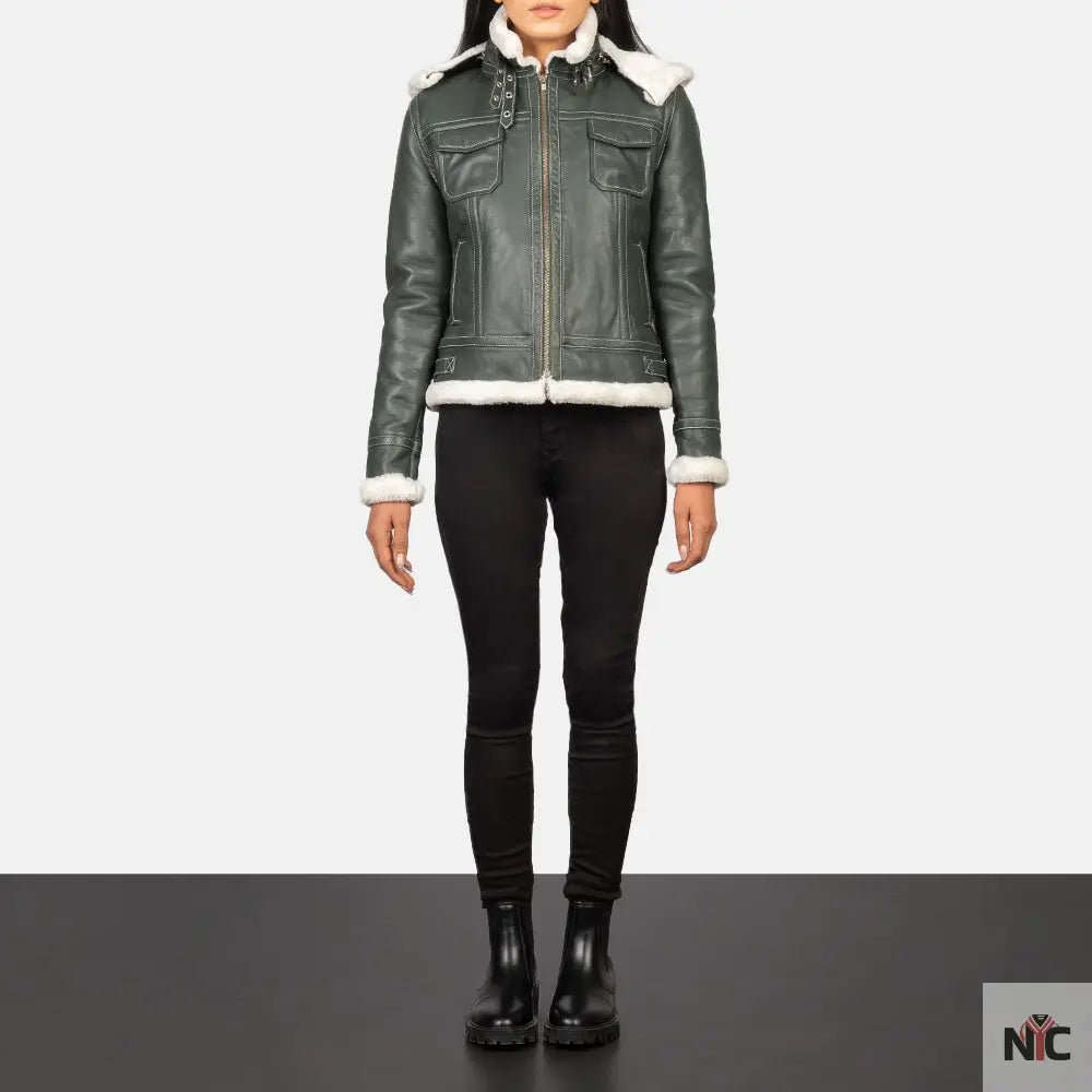 Fiona Green Hooded Shearling Leather Jacket Shopotiny