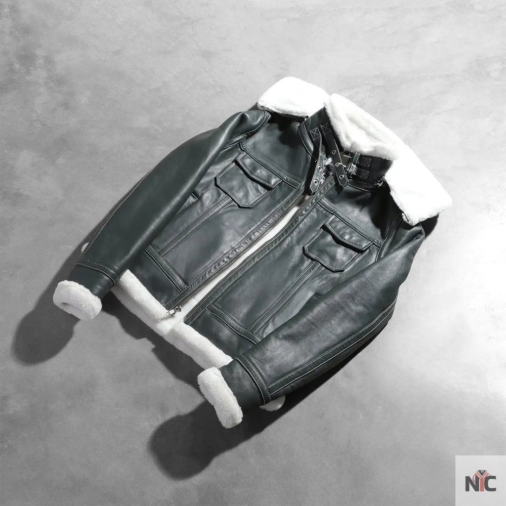 Fiona Green Hooded Shearling Leather Jacket Shopotiny