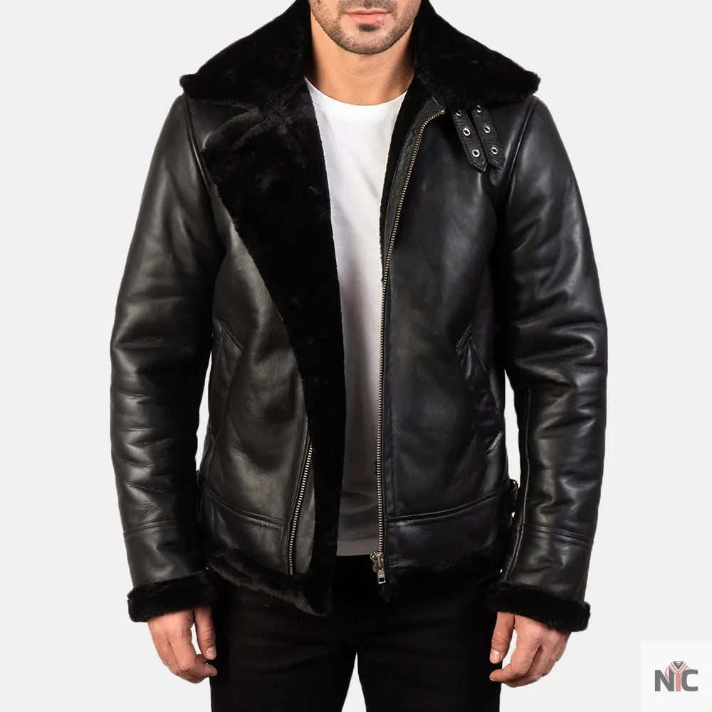 Francis B-3 Black Leather Bomber Jacket Shopotiny