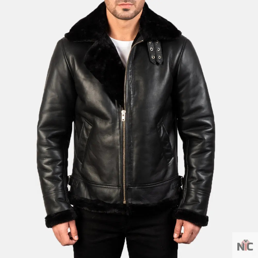 Francis B-3 Black Leather Bomber Jacket Shopotiny