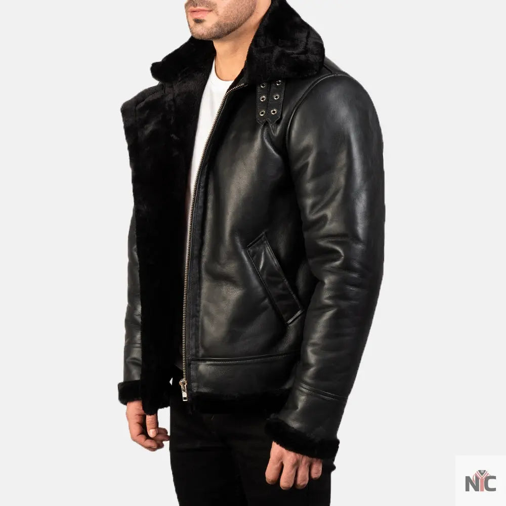 Francis B-3 Black Leather Bomber Jacket Shopotiny