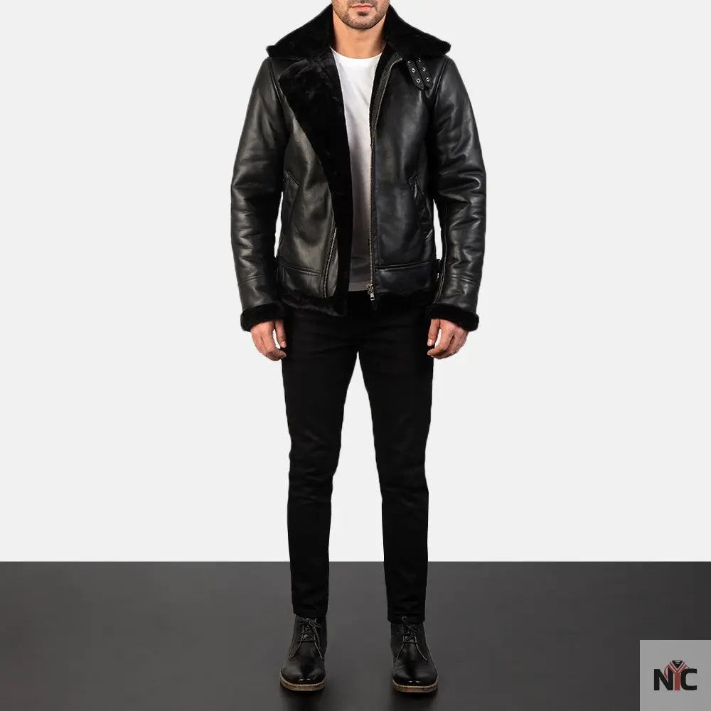 Francis B-3 Black Leather Bomber Jacket Shopotiny