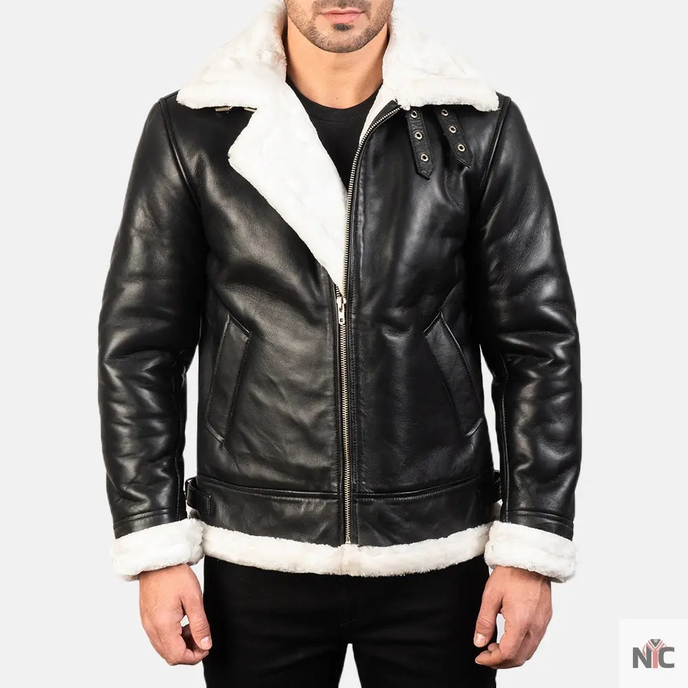 Francis B-3 Black & White Leather Bomber Jacket Shopotiny