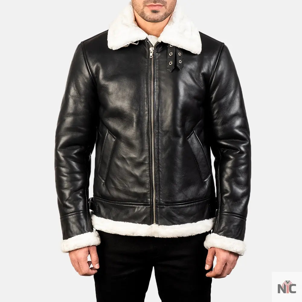 Francis B-3 Black & White Leather Bomber Jacket Shopotiny