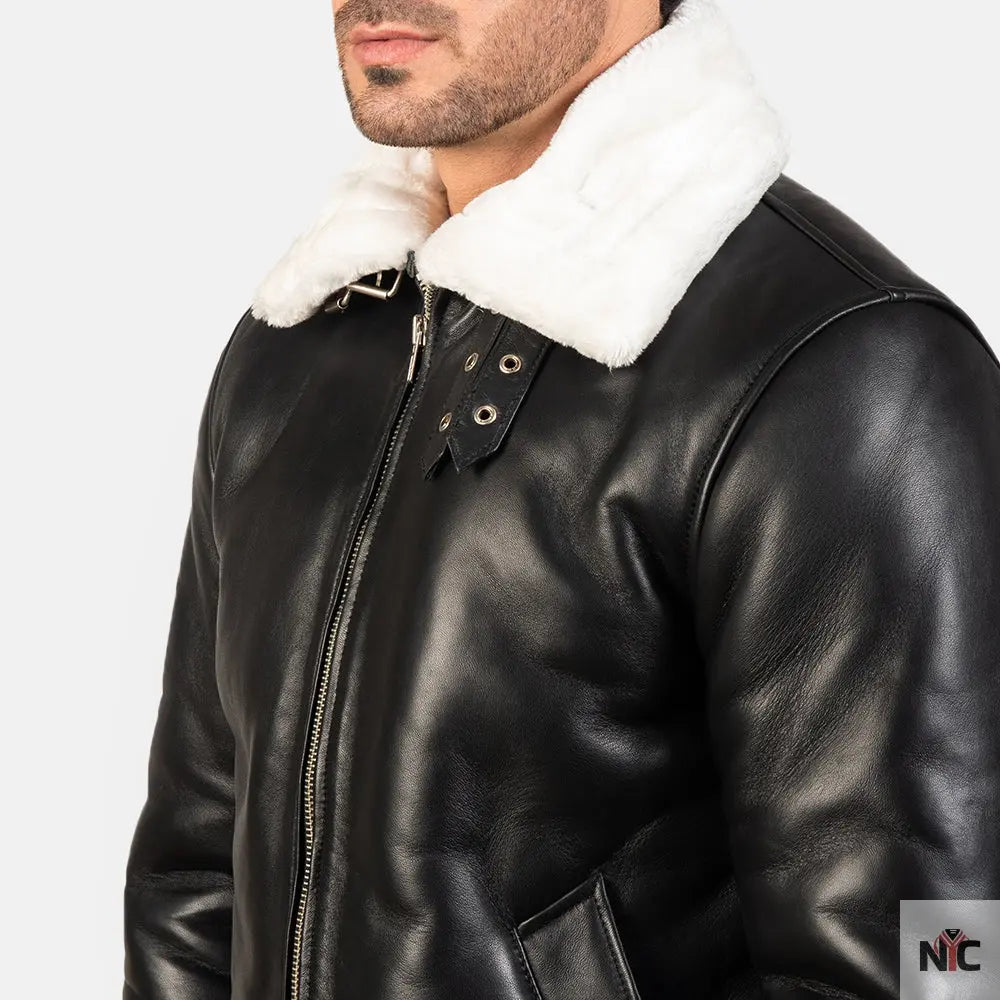 Francis B-3 Black & White Leather Bomber Jacket Shopotiny