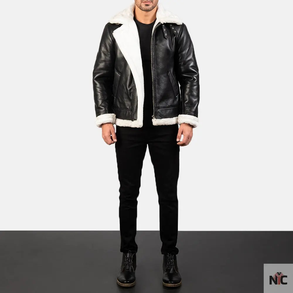 Francis B-3 Black & White Leather Bomber Jacket Shopotiny