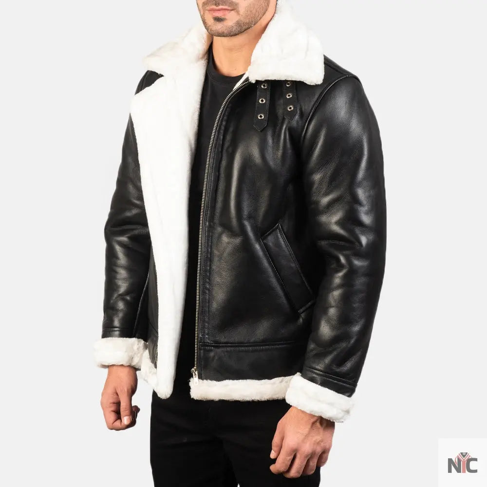 Francis B-3 Black & White Leather Bomber Jacket Shopotiny