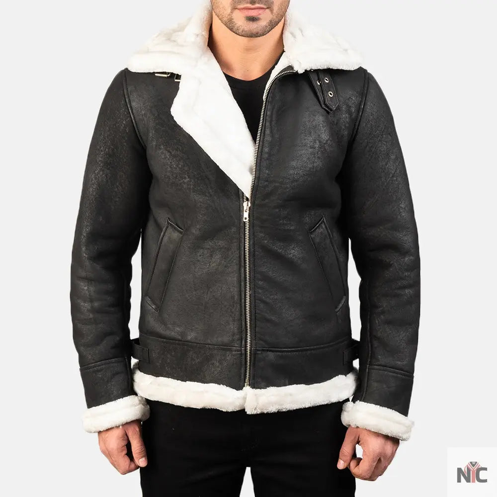 Francis B-3 Distressed Black Leather Bomber Jacket Shopotiny