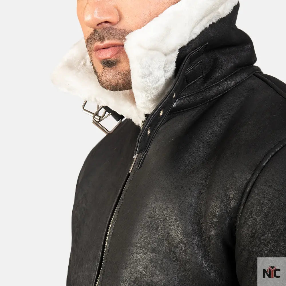 Francis B-3 Distressed Black Leather Bomber Jacket Shopotiny
