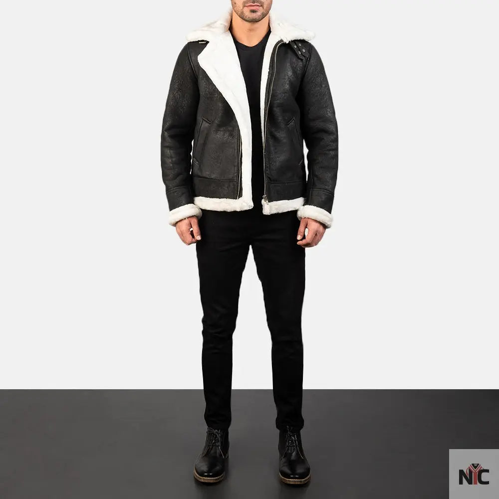 Francis B-3 Distressed Black Leather Bomber Jacket Shopotiny