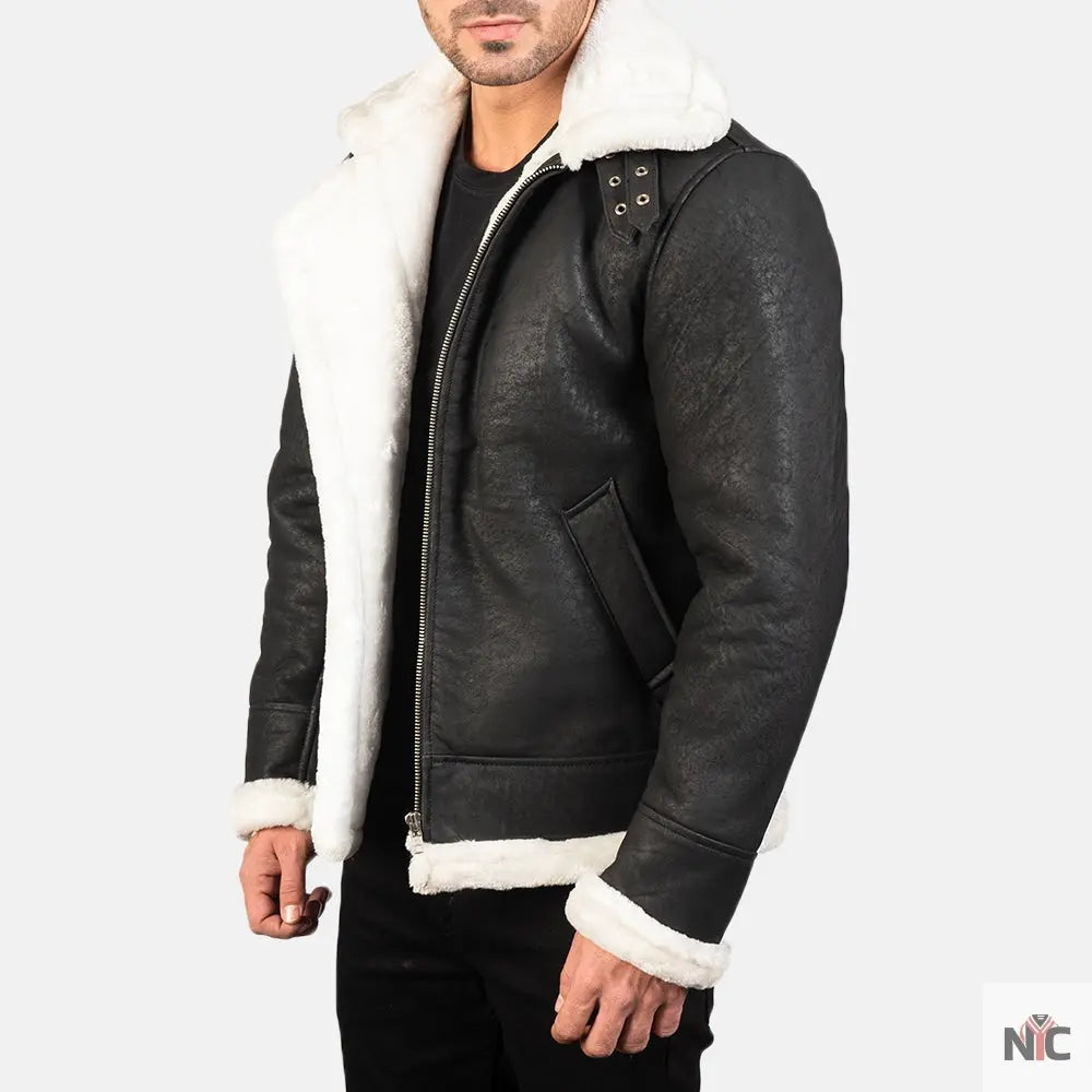 Francis B-3 Distressed Black Leather Bomber Jacket Shopotiny