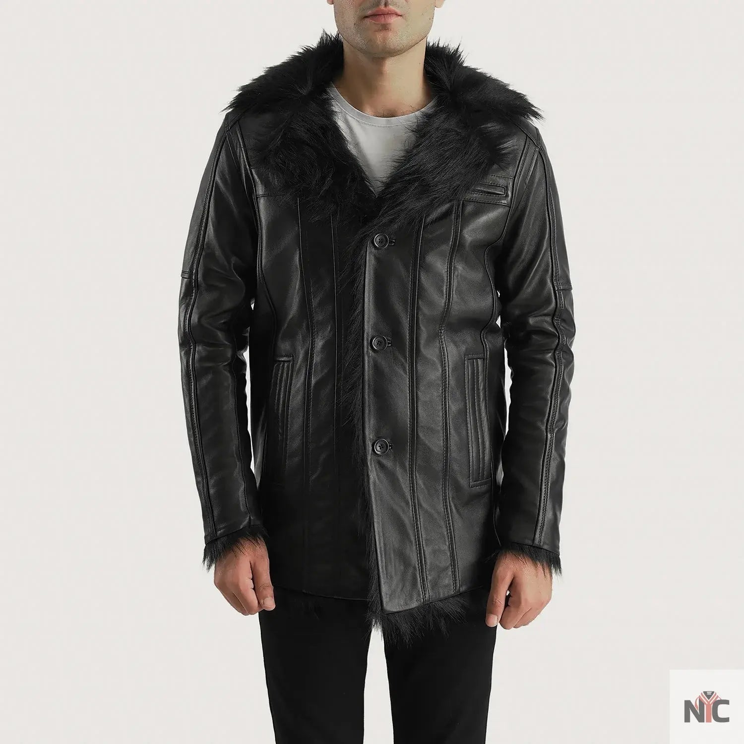 Furcliff Black Leather Coat Shopotiny