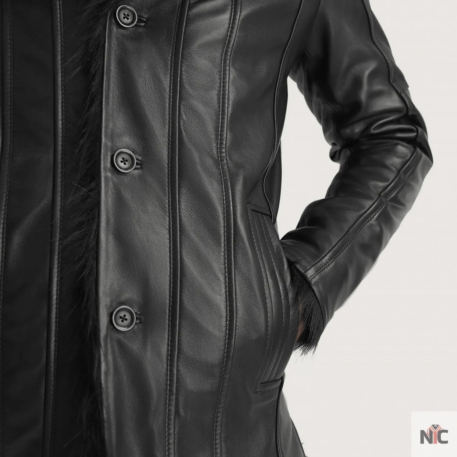 Furcliff Black Leather Coat Shopotiny