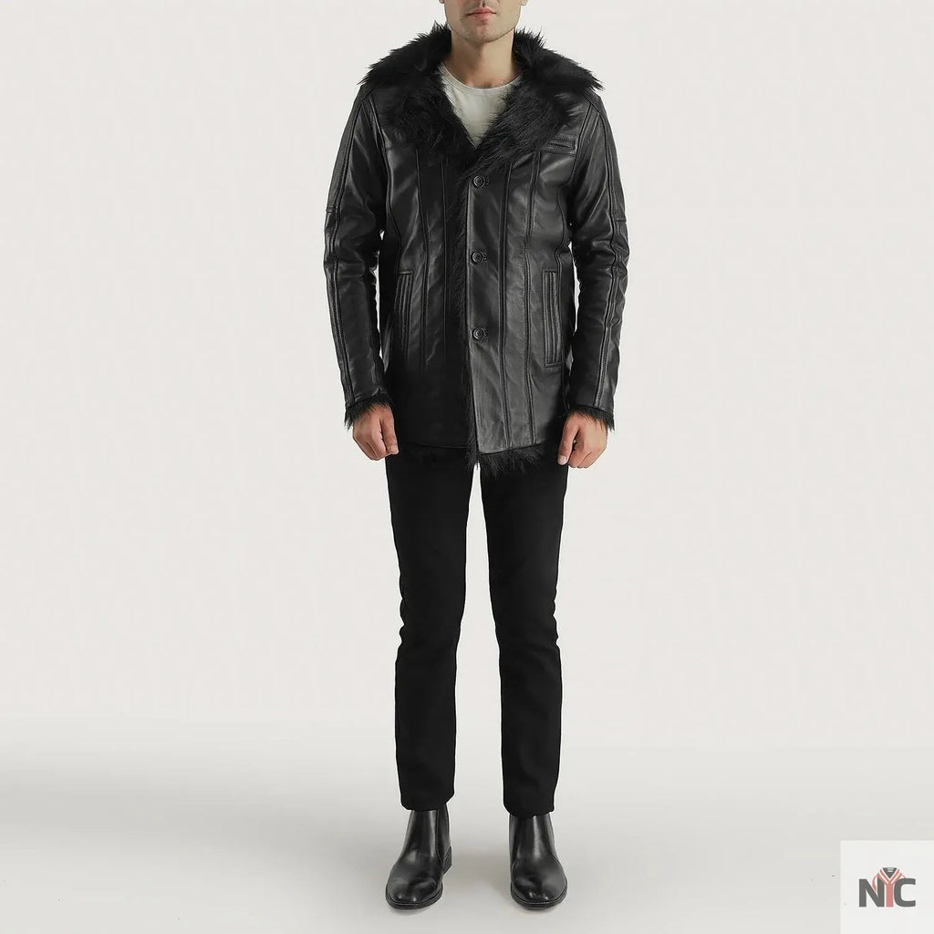 Furcliff Black Leather Coat Shopotiny
