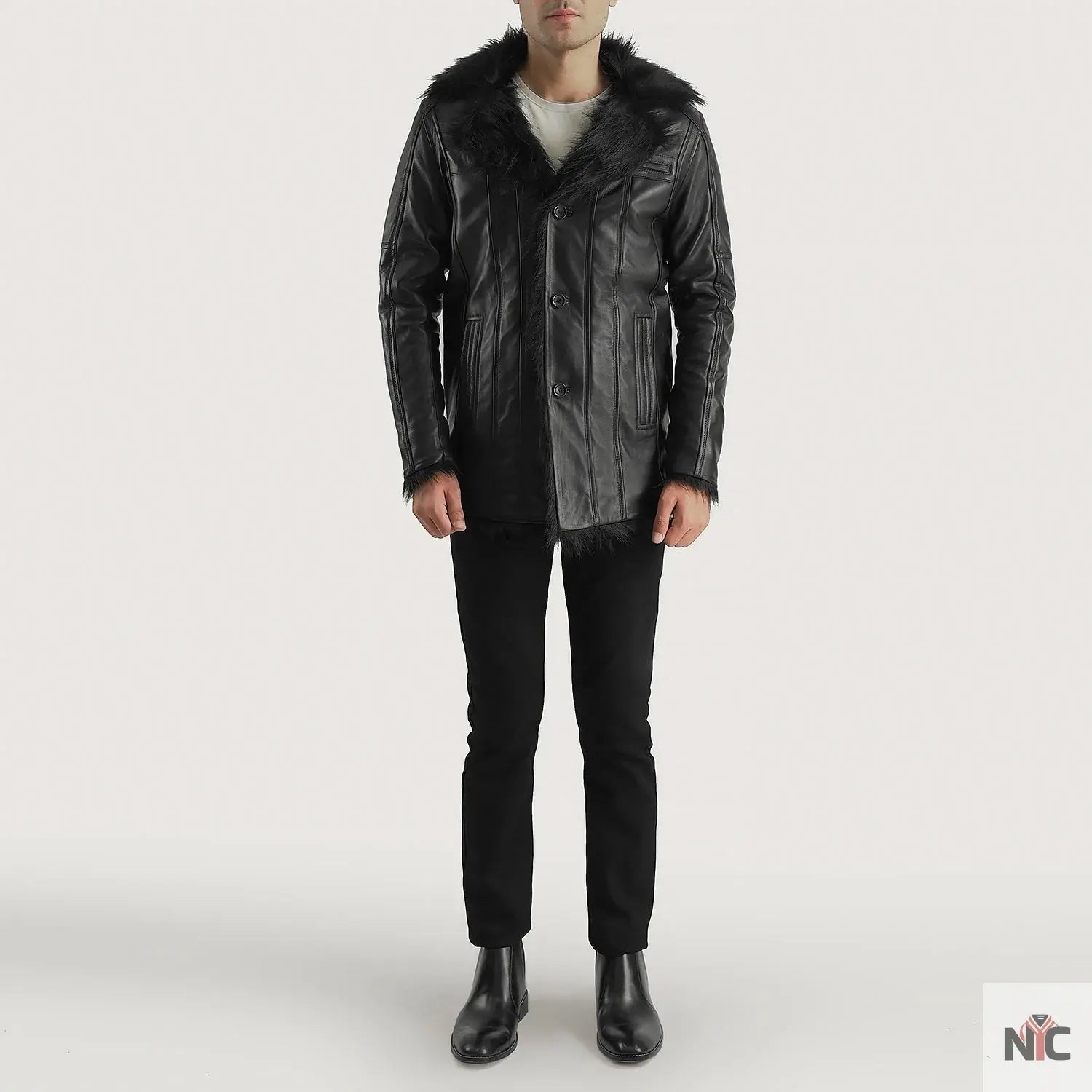Furcliff Black Leather Coat Shopotiny
