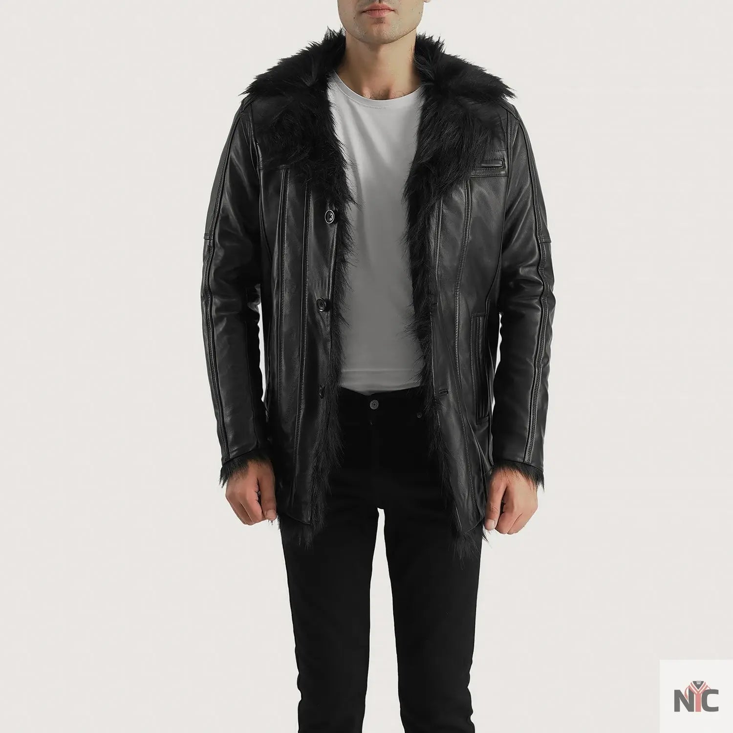 Furcliff Black Leather Coat Shopotiny