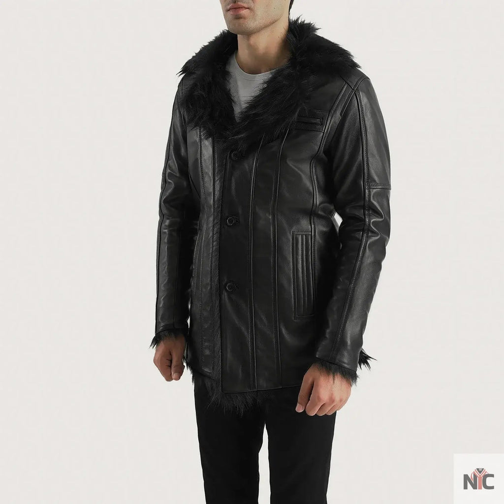 Furcliff Black Leather Coat Shopotiny