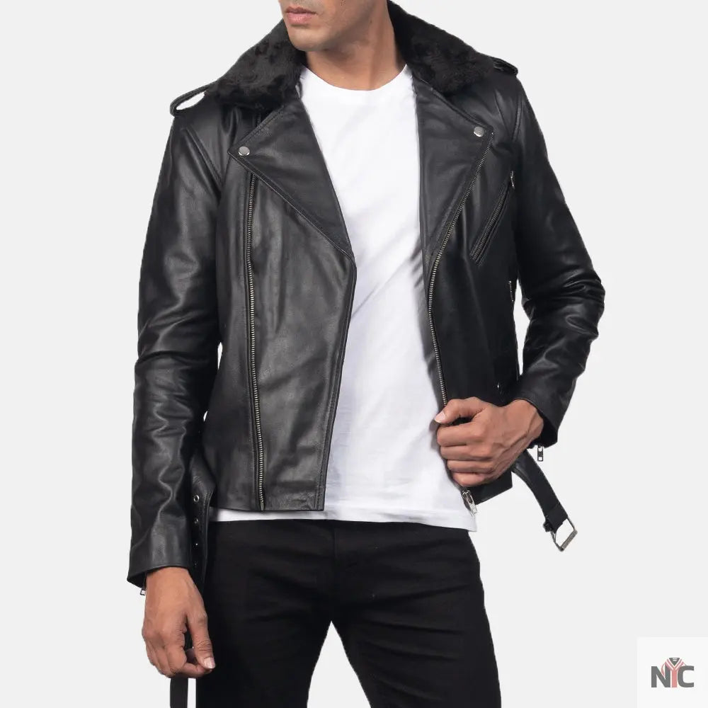 Furton Black Leather Biker Jacket Shopotiny