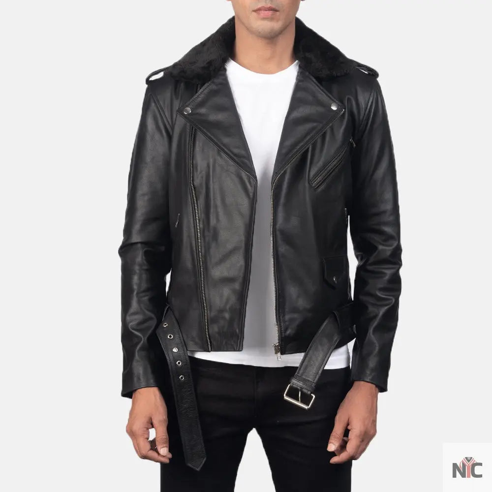 Furton Black Leather Biker Jacket Shopotiny