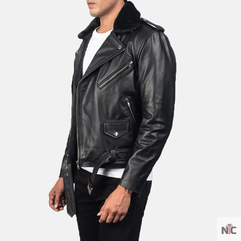 Furton Black Leather Biker Jacket Shopotiny