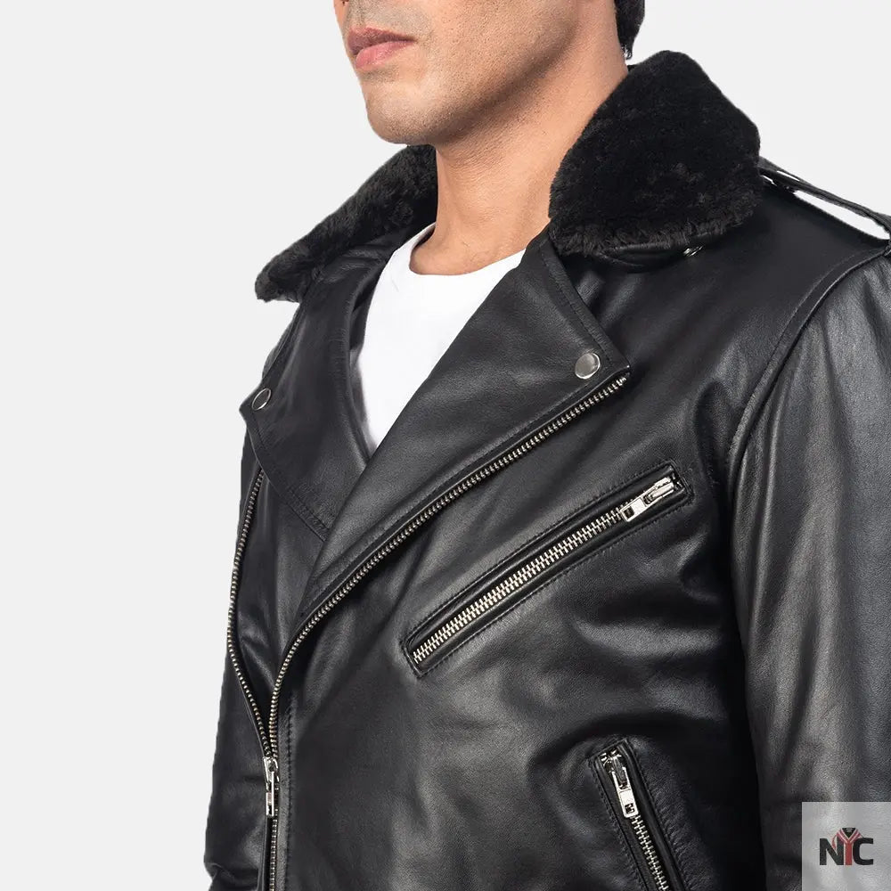Furton Black Leather Biker Jacket Shopotiny