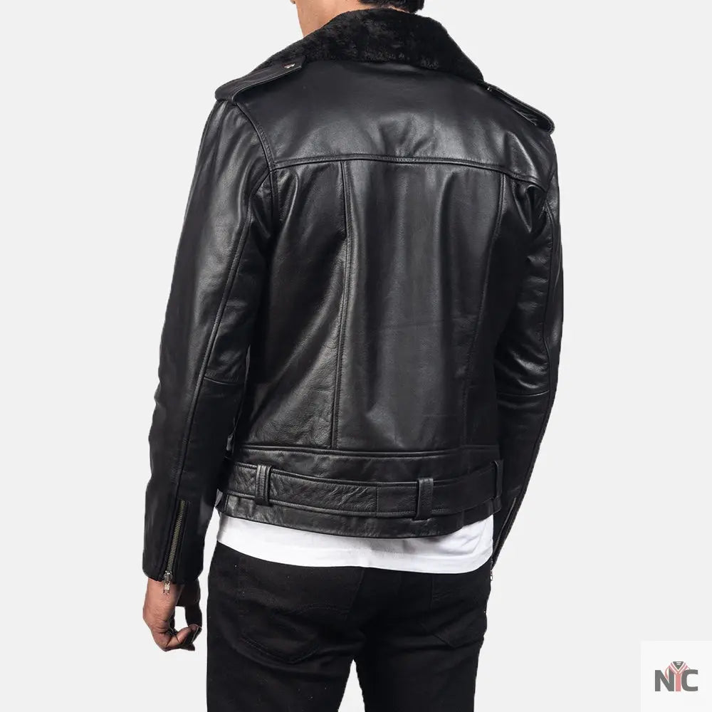 Furton Black Leather Biker Jacket Shopotiny