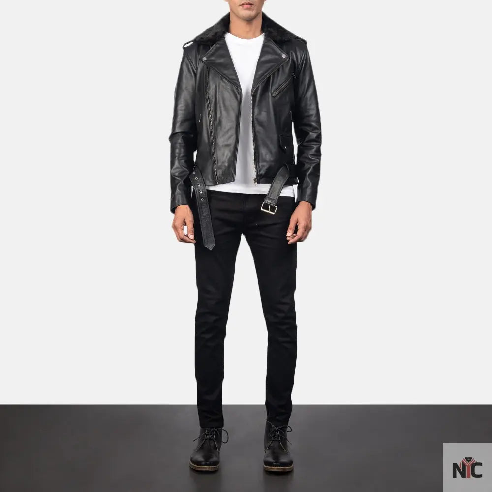 Furton Black Leather Biker Jacket Shopotiny