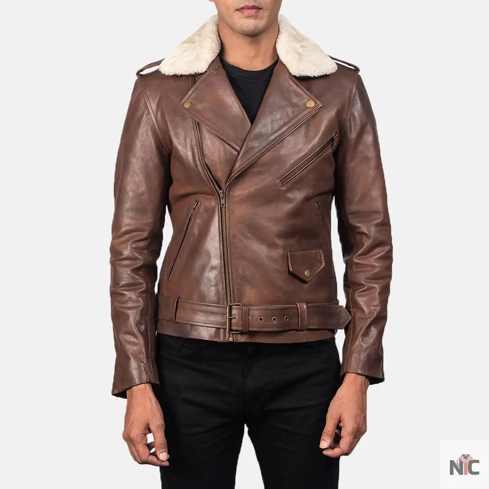 Furton Brown Leather Biker Jacket Shopotiny