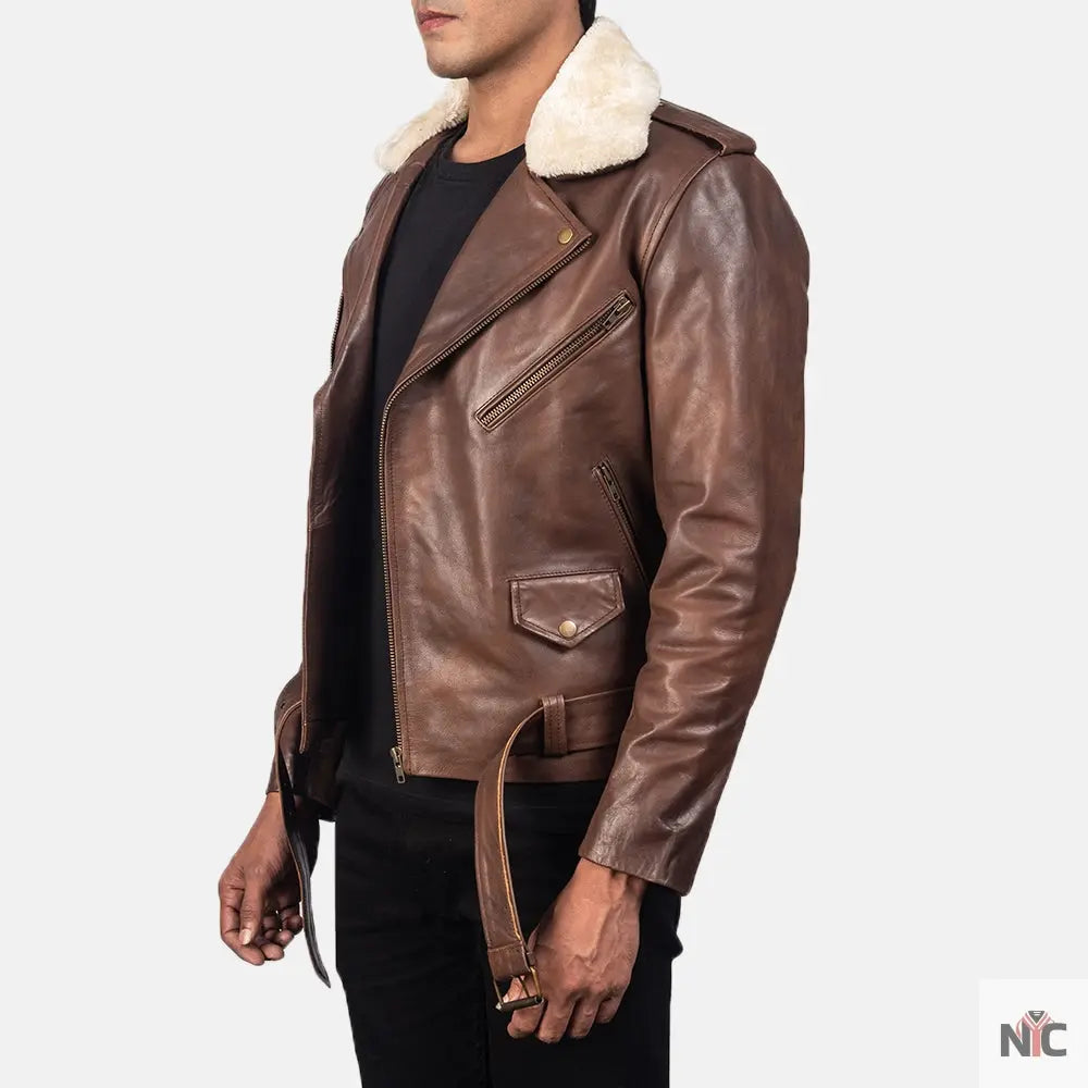 Furton Brown Leather Biker Jacket Shopotiny