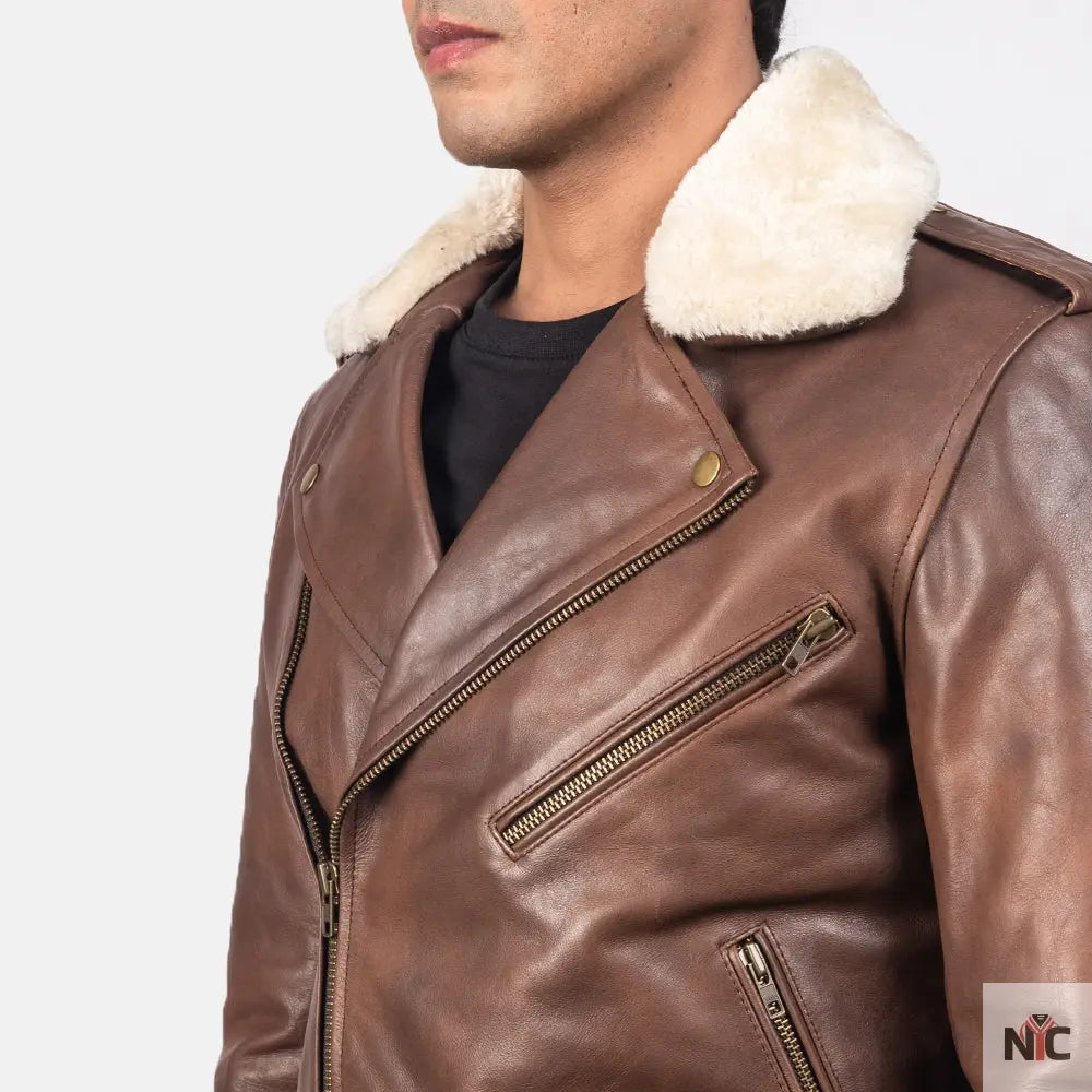 Furton Brown Leather Biker Jacket Shopotiny